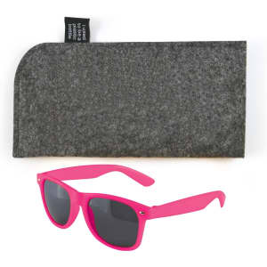 A pair of bright pink sunglasses accompanied by a gray felt pouch.