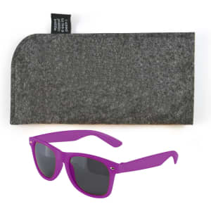 A pair of purple sunglasses with dark lenses and a gray felt case.