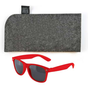 A pair of red sunglasses with dark lenses, accompanied by a gray felt carrying pouch.