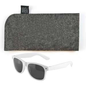 A pair of white sunglasses with gray lenses accompanied by a gray felt case.