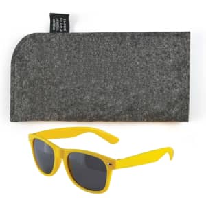 A pair of vibrant yellow sunglasses with gray lenses, accompanied by a gray felt case.