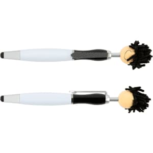 A set of two stylus pens with playful mop-top designs; one in white and the other in black. Each has a unique character head.