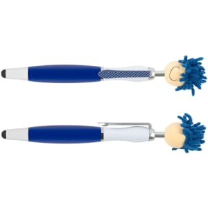 A blue and white stylus pen with a smiling character atop, featuring fuzzy blue hair and a silver clip.