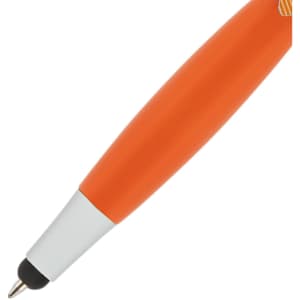 An orange stylus pen with a black tip and a silver section. It has a logo on its body.