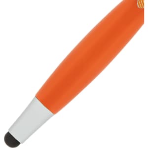 An orange pen with a black stylus tip and a silver end, featuring a logo on the body.
