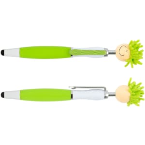 A green Mop Top pen and stylus featuring a smiley face and fuzzy hair. Includes a stylus tip and a clip.