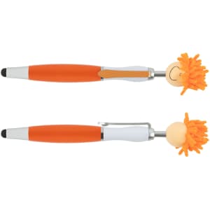 A stylus pen in orange and white with a whimsical character head featuring orange yarn hair and a smile. It has a logo.