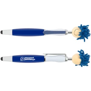 A blue and white Mop Top pen with a stylus tip and a character head featuring blue yarn hair and a smiling face.