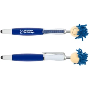 A blue stylus pen with a smiling, blue-haired character topper and a silver clip. It features a brand logo.
