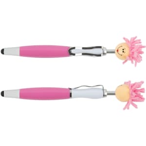 A pair of stylus pens featuring pink and white bodies, topped with playful, pink-haired characters. Each pen has a logo.
