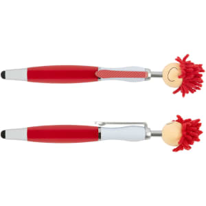 Two stylus pens with red and white features, including a playful top with red yarn hair and a smiling face.