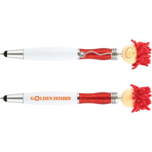 A stylus pen featuring a white barrel, red glittery top, and a playful design with a fuzzy, curly attachment.