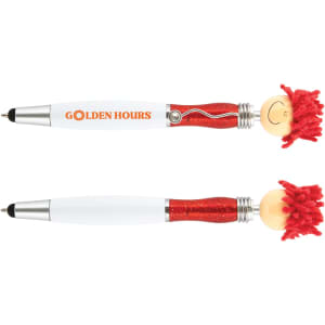 A red and white Mop Top Jazz Pen and Stylus with a fuzzy top and a smiley face. The pen features a branding logo.