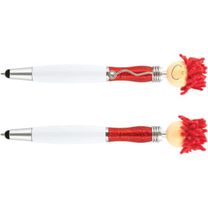 A stylus pen with a white barrel and a red glittery design, featuring a fun pom-pom head and a smiley face.