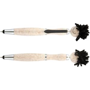 A stylus pen with a beige body and black mop-top design, featuring a silver accent and a branding logo.