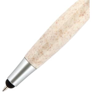 A stylus pen with a speckled cream and beige body, featuring a silver tip and a soft-touch black end.