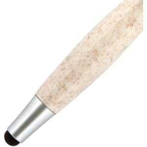 A stylus pen with a textured cream and speckled beige barrel and a silver tip. It features a branding logo.