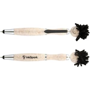 A stylus pen with a cream body, black detailing, and a fluffy top. Features a logo on the side.