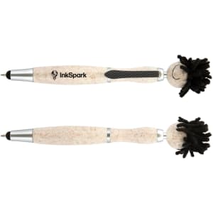 Two stylus pens with a natural, beige body and black textured tops, featuring a logo on the side.