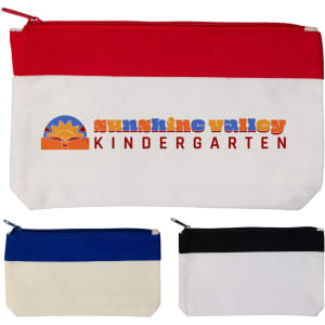 A pencil case in red and white with a logo, accompanied by smaller blue, black, and white pencil cases.
