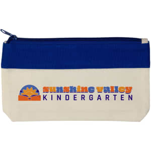 A pencil case featuring a beige canvas base with a blue zipper and a colorful "Sunshine Valley Kindergarten" logo.