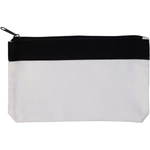 A pencil case with a white body and a black zipper at the top. The design features a solid black band across the top.