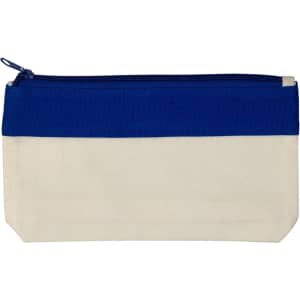 A pencil case featuring a blue top section and a cream bottom section, with a zipper closure.