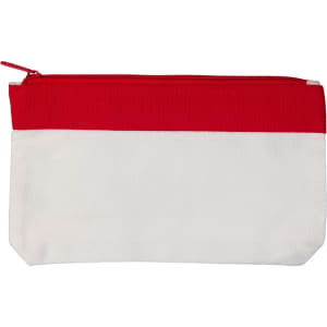 A pencil case with a red top and white bottom, featuring a zipper closure and a logo.