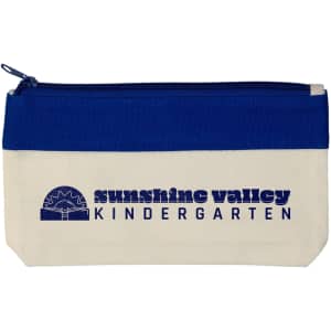 A pencil case in cream and blue, featuring a branded logo on the front and a zip closure at the top.