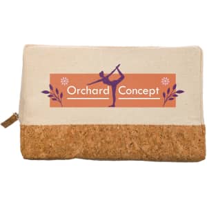 A cork and calico utility case featuring a floral design and a logo. The top is cream and the bottom is cork textured.