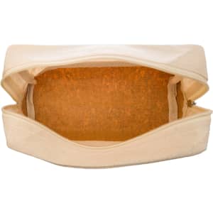 A utility case featuring a beige exterior and a cork interior, with a zip closure. Includes a logo on the outside.