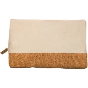 A beige utility case with a cork bottom and a zip closure, featuring a logo on one side.