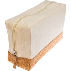 A cork utility case featuring a zippered closure and a canvas top with a natural cork base.