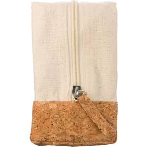 A utility case featuring a natural cork bottom and a canvas upper with a zipper closure.