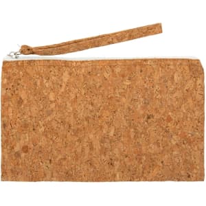 A cork utility case with a zip closure and a wrist strap, designed for holding pencils and office supplies.