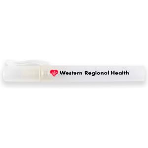 A clear stick applicator containing hand sanitiser, featuring a clip and a logo on the side.