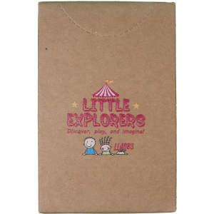A brown cardboard box featuring a colorful design with a character and a small tent, labeled "Little Explorers."