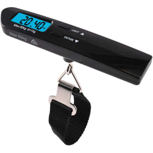 A black digital luggage scale with a blue display and a strap for weighing luggage up to 50 kg.