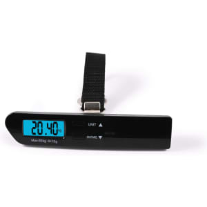 A digital luggage scale in black with a blue display and a strap, showing a weight of 20.40 kg.