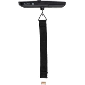 A digital luggage scale in black with a hook and adjustable strap for measuring weight. It features a logo.