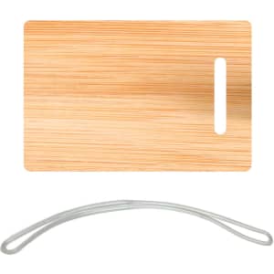 A bamboo luggage tag featuring a light wood finish and a clear elastic loop for attachment.