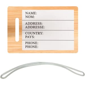 A bamboo luggage tag featuring a blank white area for personal information and a clear attachment loop.