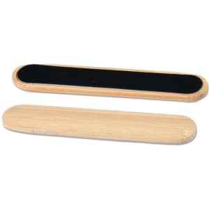 A bamboo nail file featuring a smooth wooden side and a textured filing surface.