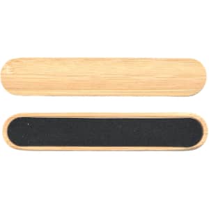 A bamboo nail file featuring a smooth wooden side and a textured black sanding surface. It has a simple design.
