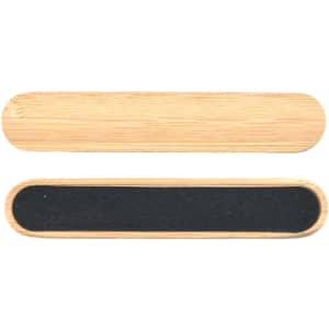 A bamboo nail file featuring a smooth wooden side and a textured black filing surface. It has a natural finish.