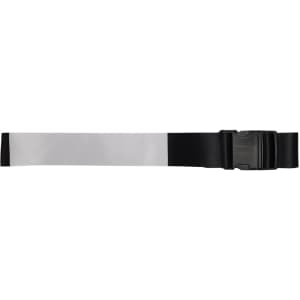 A luggage strap featuring a black adjustable buckle and a wide, reflective silver band for enhanced visibility.