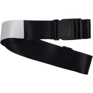 A luggage strap featuring a sleek black design with a silver accent and a secure buckle closure.