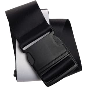 A black luggage strap with a secure adjustable buckle.