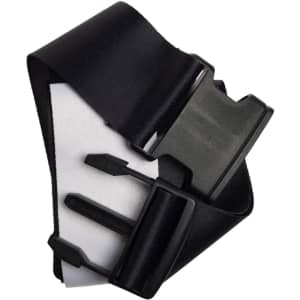 A black luggage strap featuring a durable buckle and adjustable components.