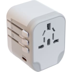 A travel adaptor featuring multiple plug configurations and a USB port, designed for international use.